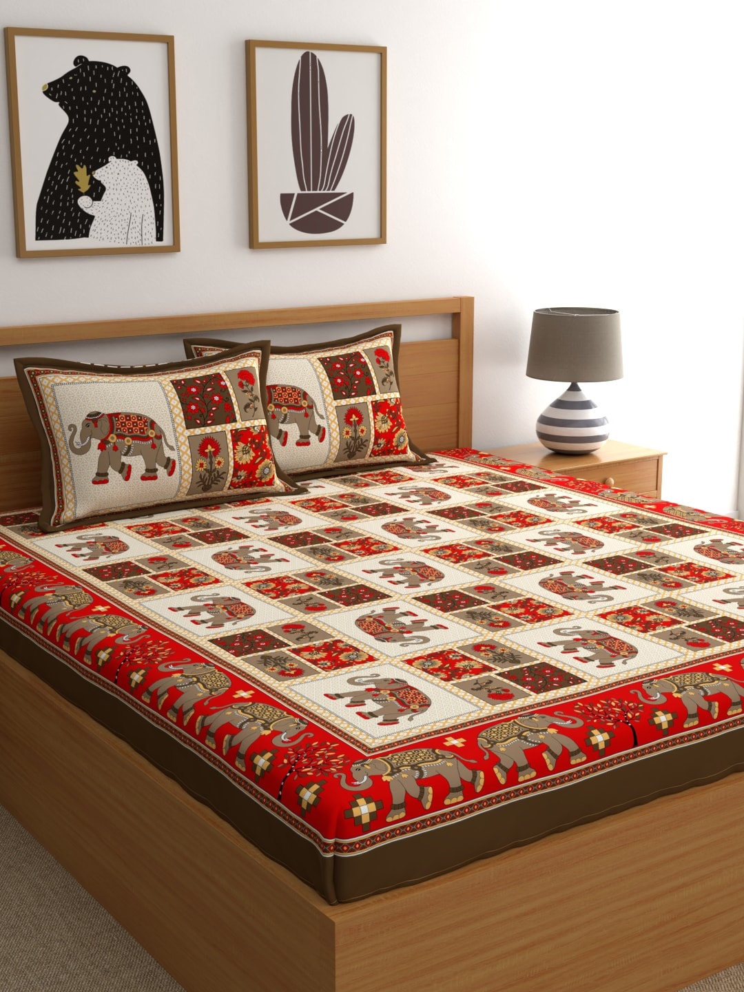 

LA VERNE Red & Beige Ethnic Motifs 104 TC Cotton 1 Queen Bedsheet with 2 Pillow Covers