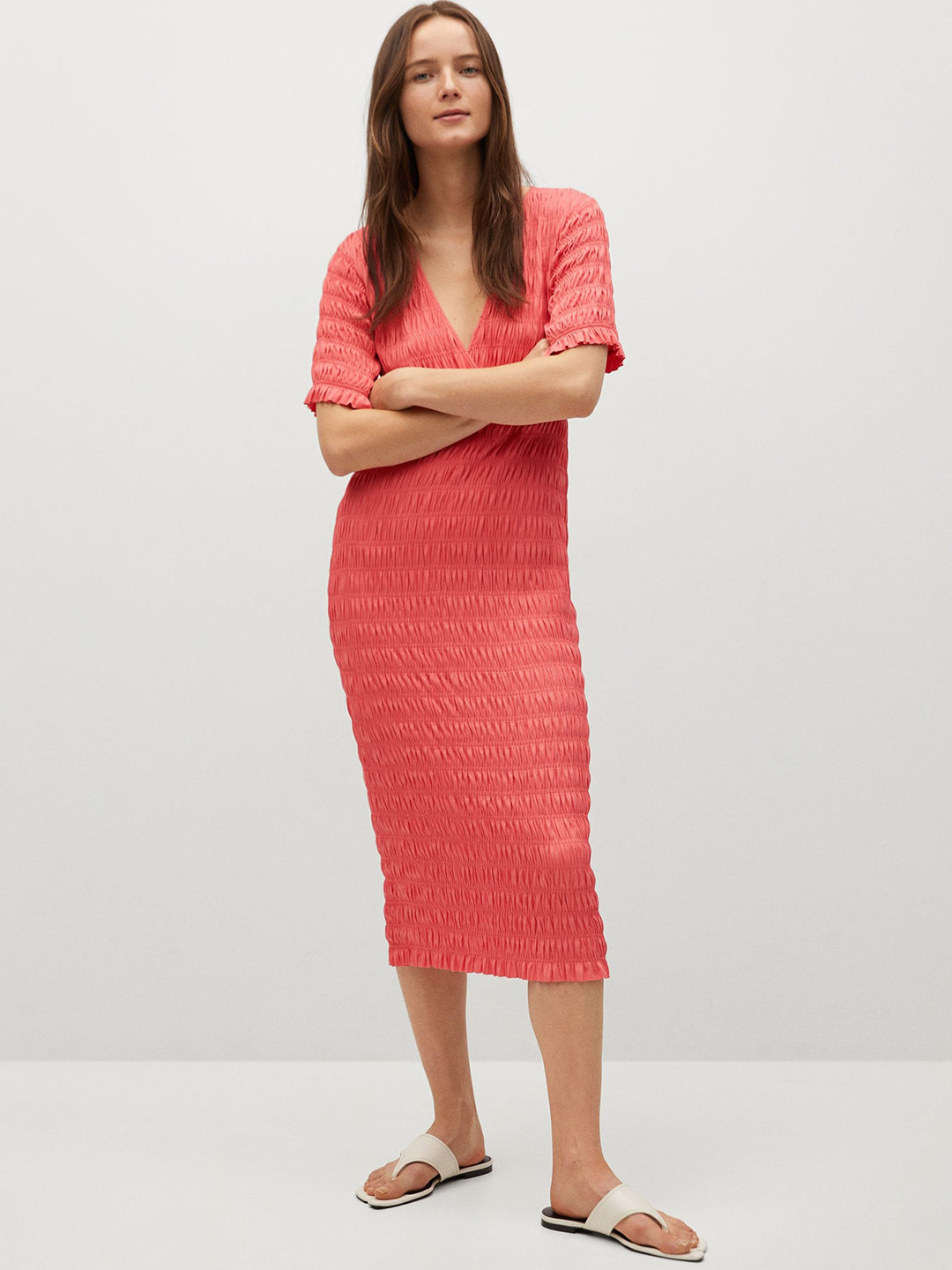 

MANGO Women Coral Pink Self-Striped Smocked Wrap Dress