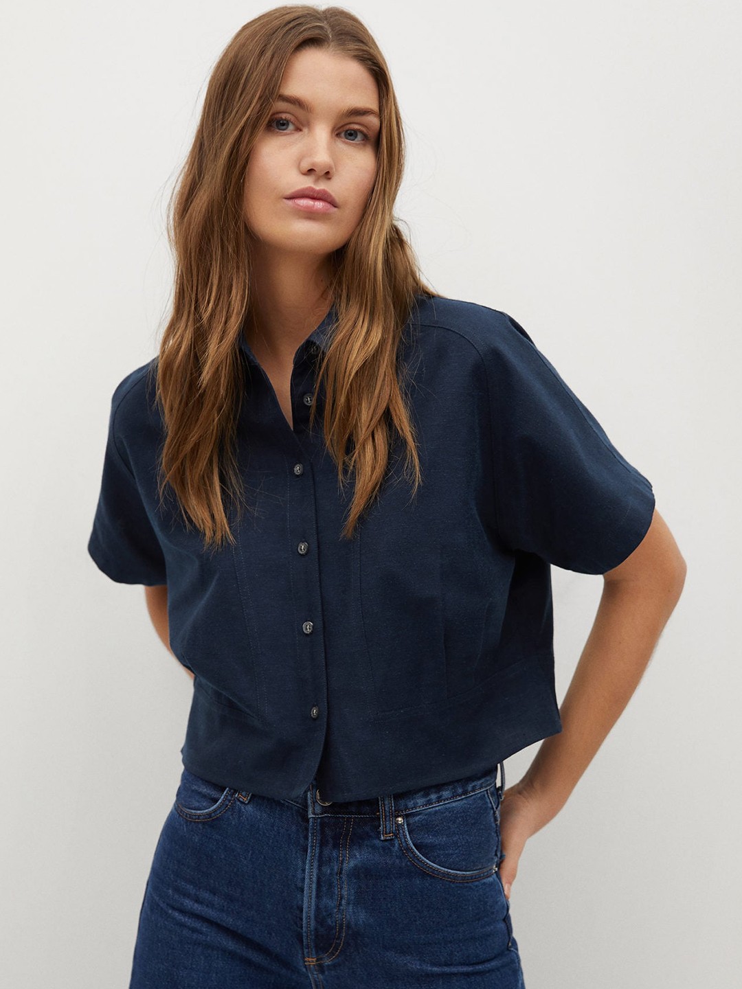 

MANGO Women Navy Blue Sustainable Regular Fit Solid Cropped Casual Shirt