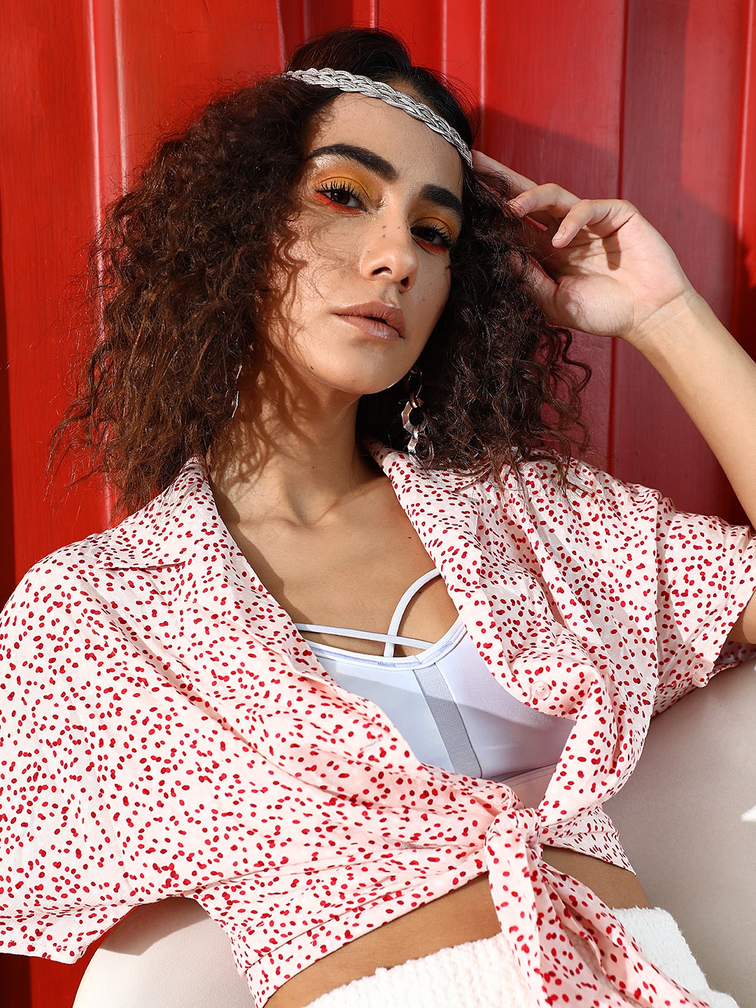 

Mango Women Pink Printed Waist Tie-Up Shirt Style Cropped Top