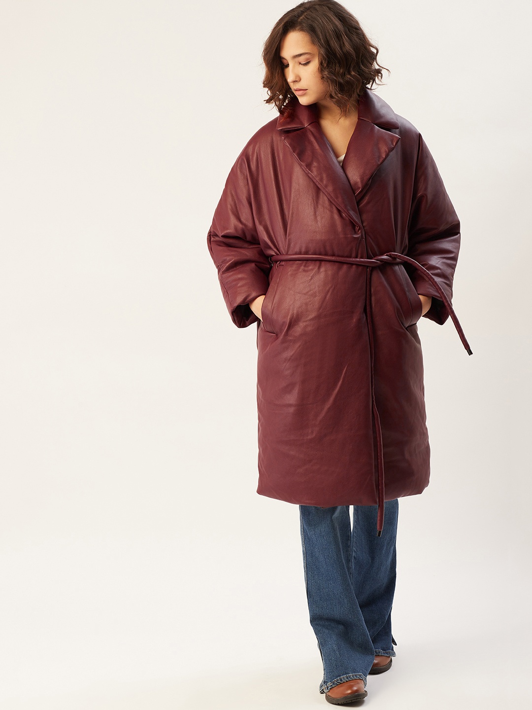 

MANGO Women Maroon Solid Water-Repellent Longline Oversized Coat with Belt