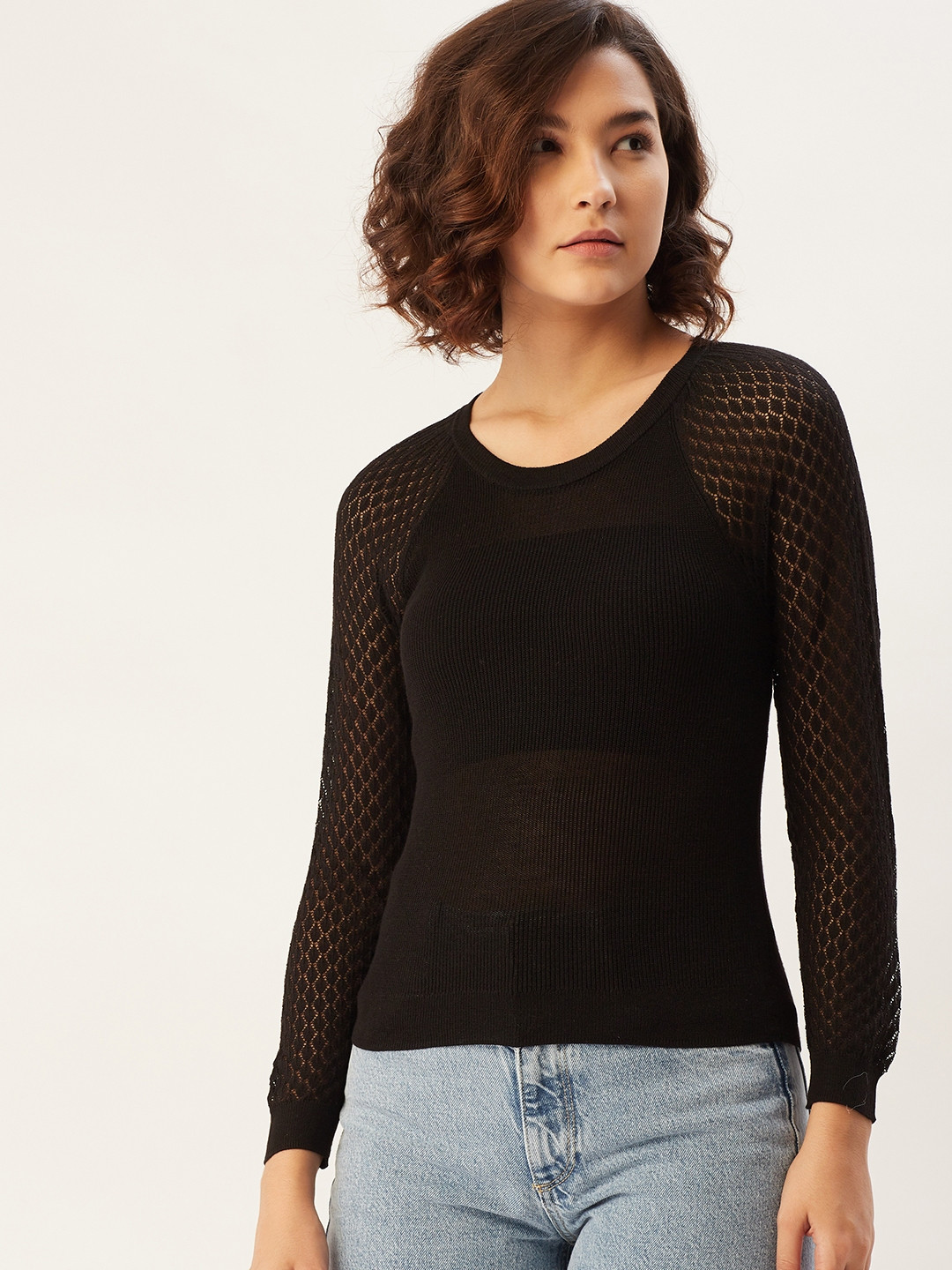 

MANGO Women Black Open Knit Sleeves Pullover