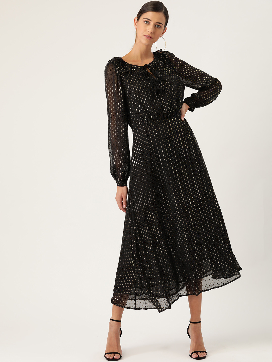 

MANGO Black & Golden Embellished Tie-Up Neck A-Line Midi Dress