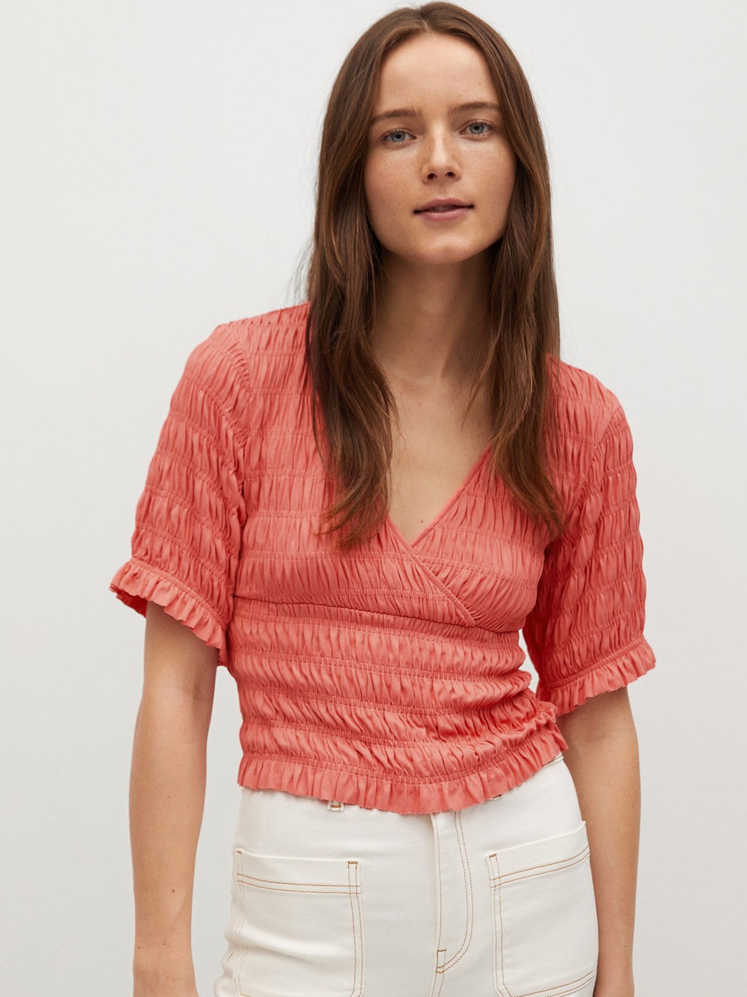 

Mango Women Pink Solid Smocked Wrap Top