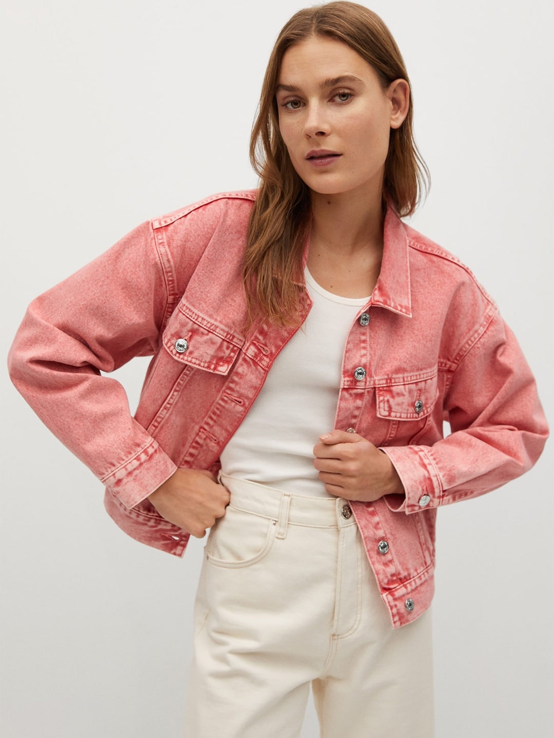 

MANGO Women Peach-Coloured Solid Cotton Sustainable Denim Jacket