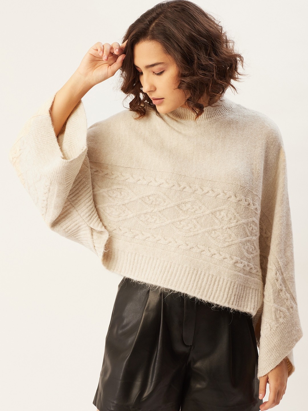 

MANGO Women Off White Self-Design Oversized Poncho