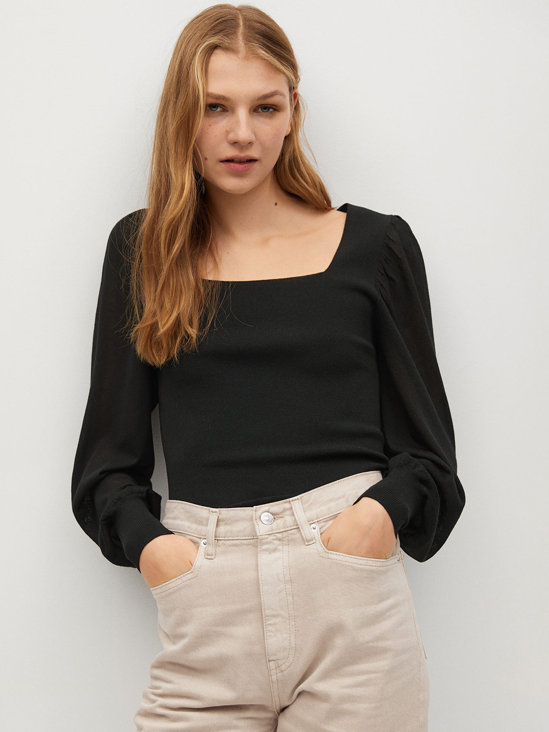 

MANGO Black Solid Puff Sleeves Top