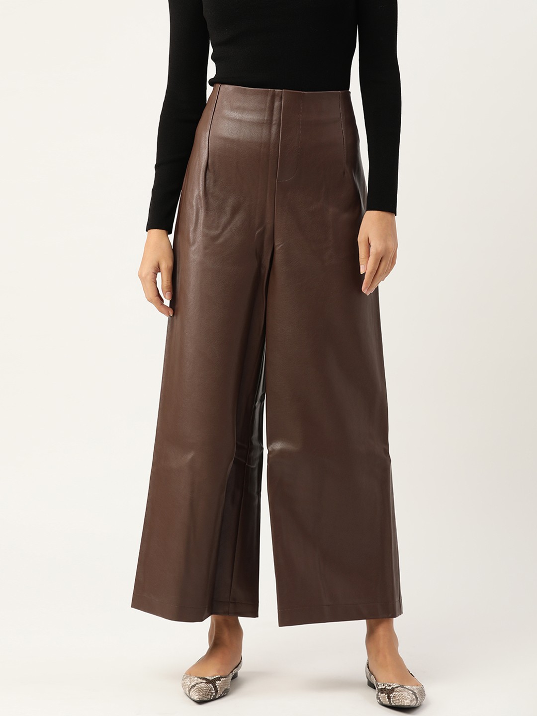 

MANGO Women Coffee Brown Faux Leather Solid Pleated Parallel Trousers
