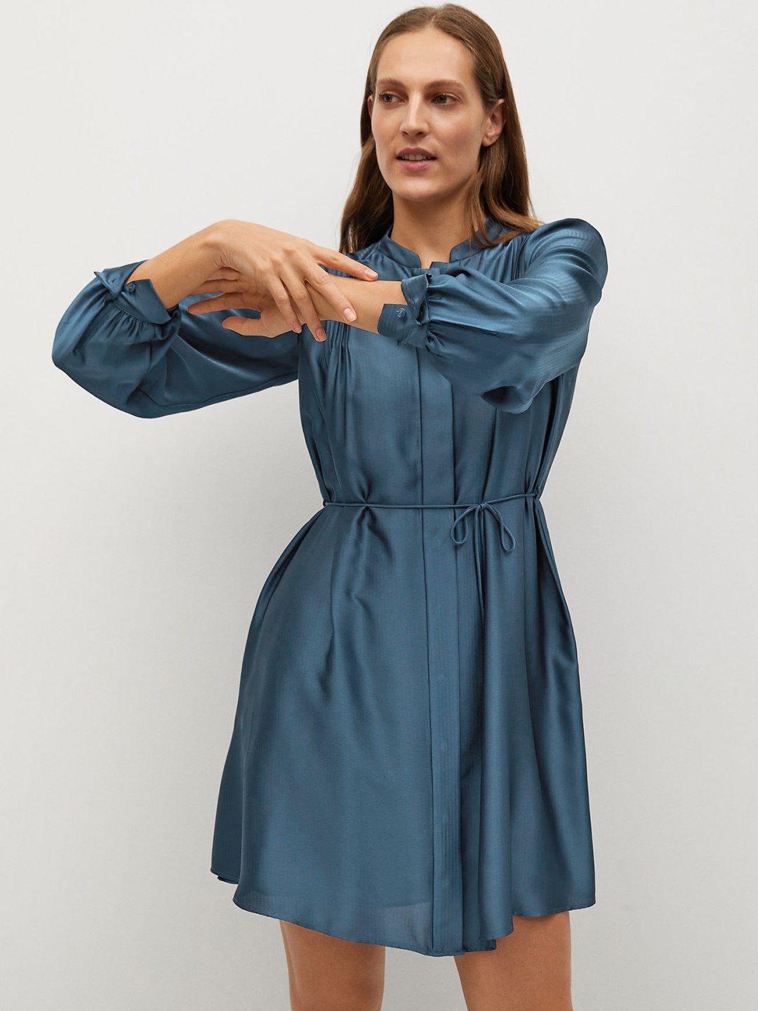 

MANGO Women Teal Blue Satin Finish Solid A-Line Dress With Belt