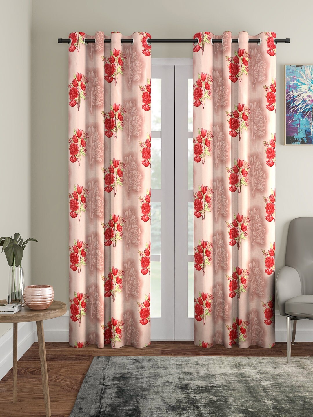 

Cortina Set of 2 Peach-Coloured & Red Floral Printed Curtains