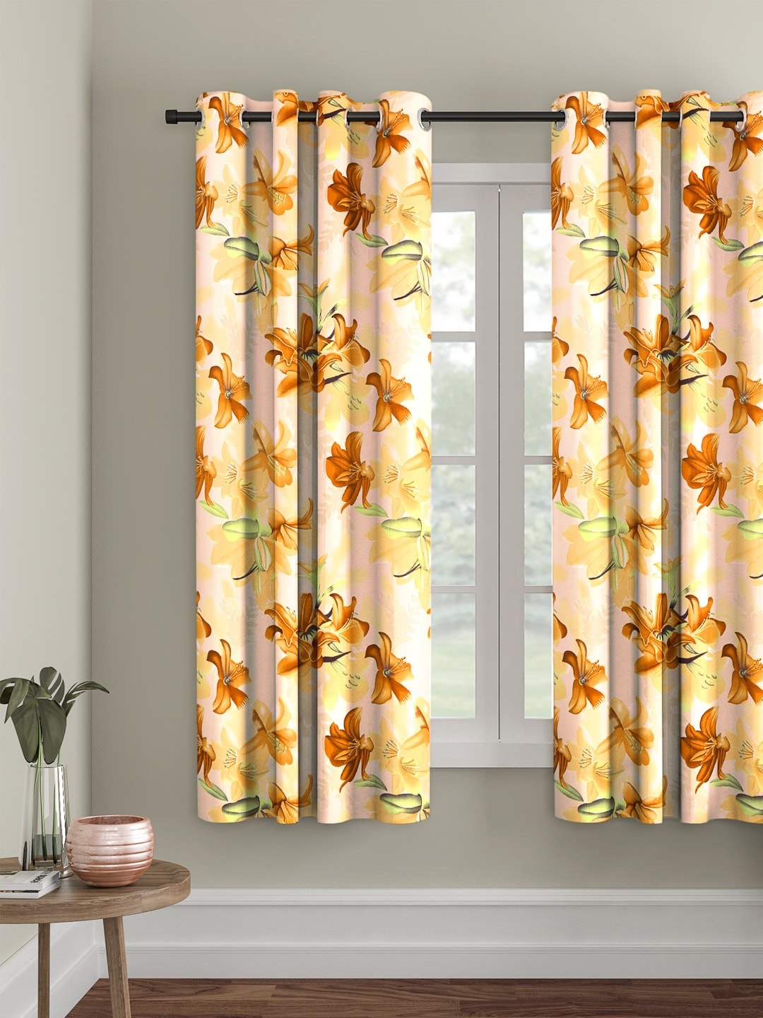

Cortina Yellow & Brown Floral Printed Polyester Single Window Curtain, Beige