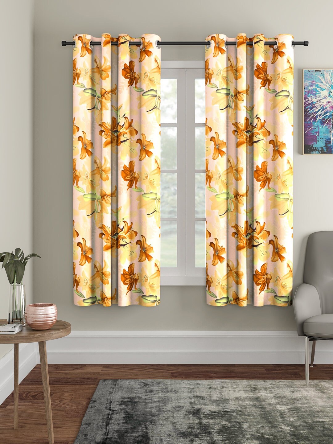 

Cortina Set of 2 Floral Printed Window Curtains, Beige