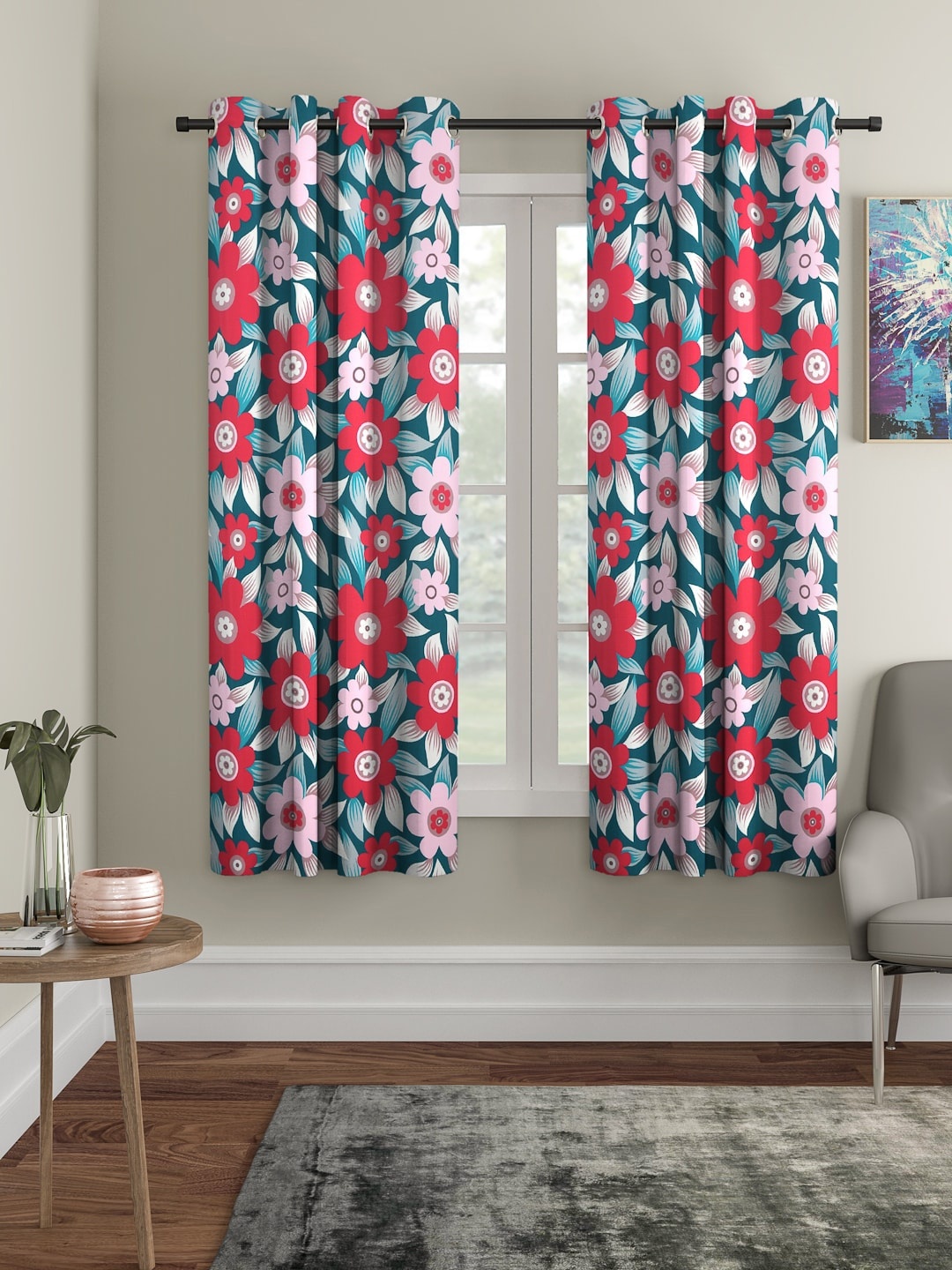 

Cortina Teal green & Pink Set of 2 Digital Printed Window Curtains