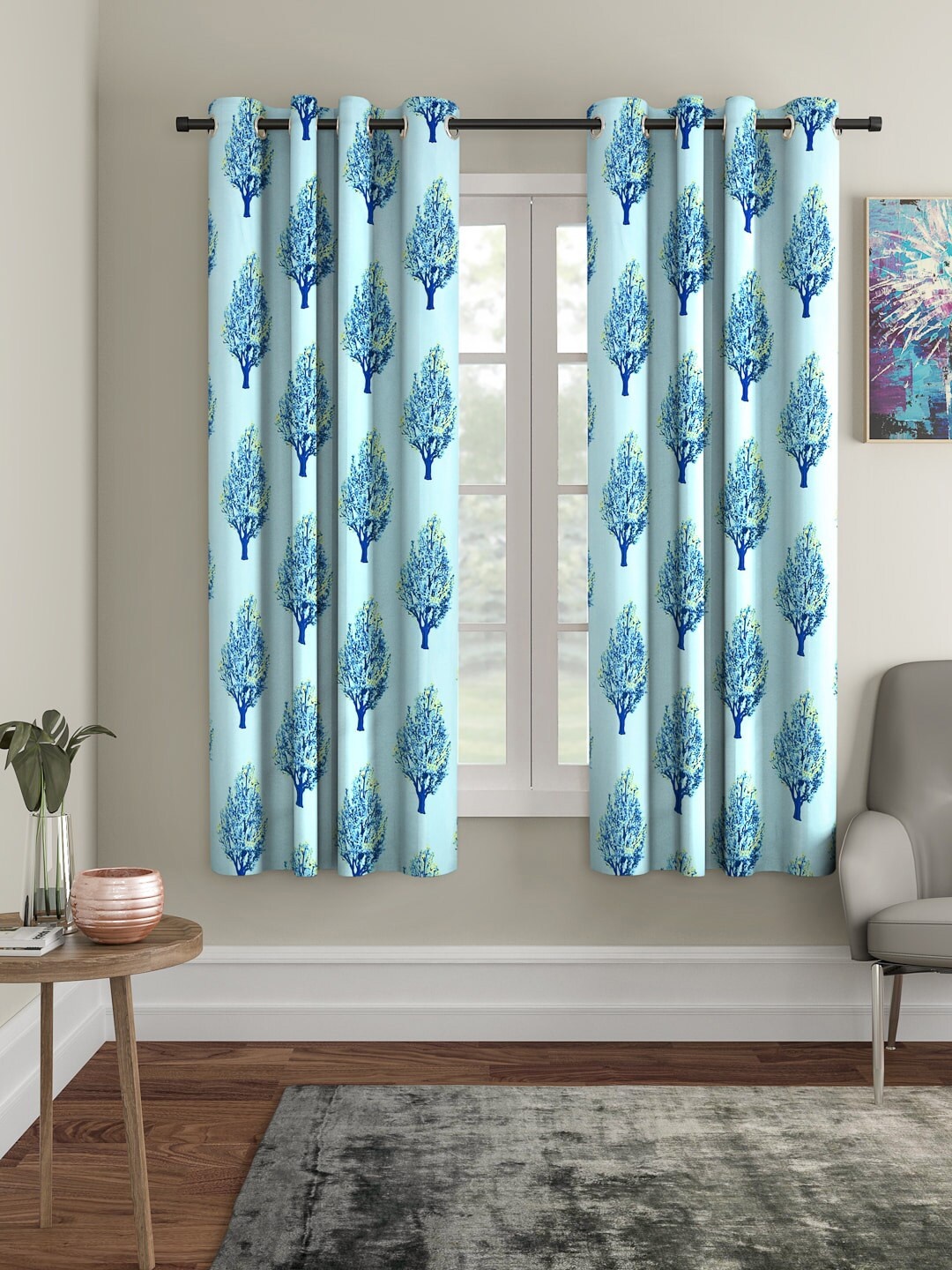 Cortina Blue Set of 2 Floral Printed Window Curtains