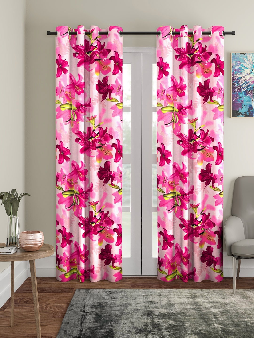 Cortina Set of 2 Pink Floral Printed Polyester Door Curtains