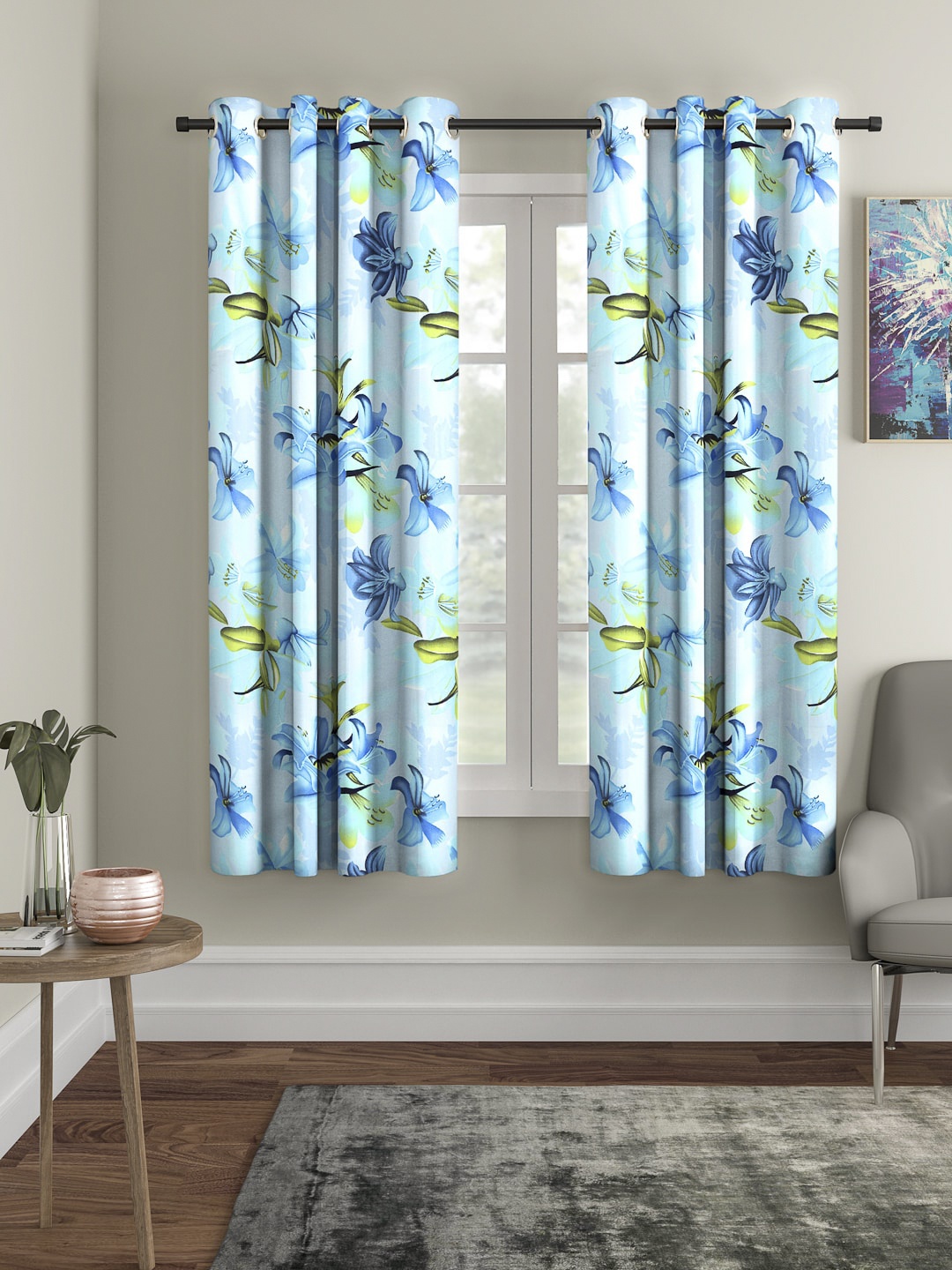

Cortina Set of 2 Floral Printed Window Curtain, Blue