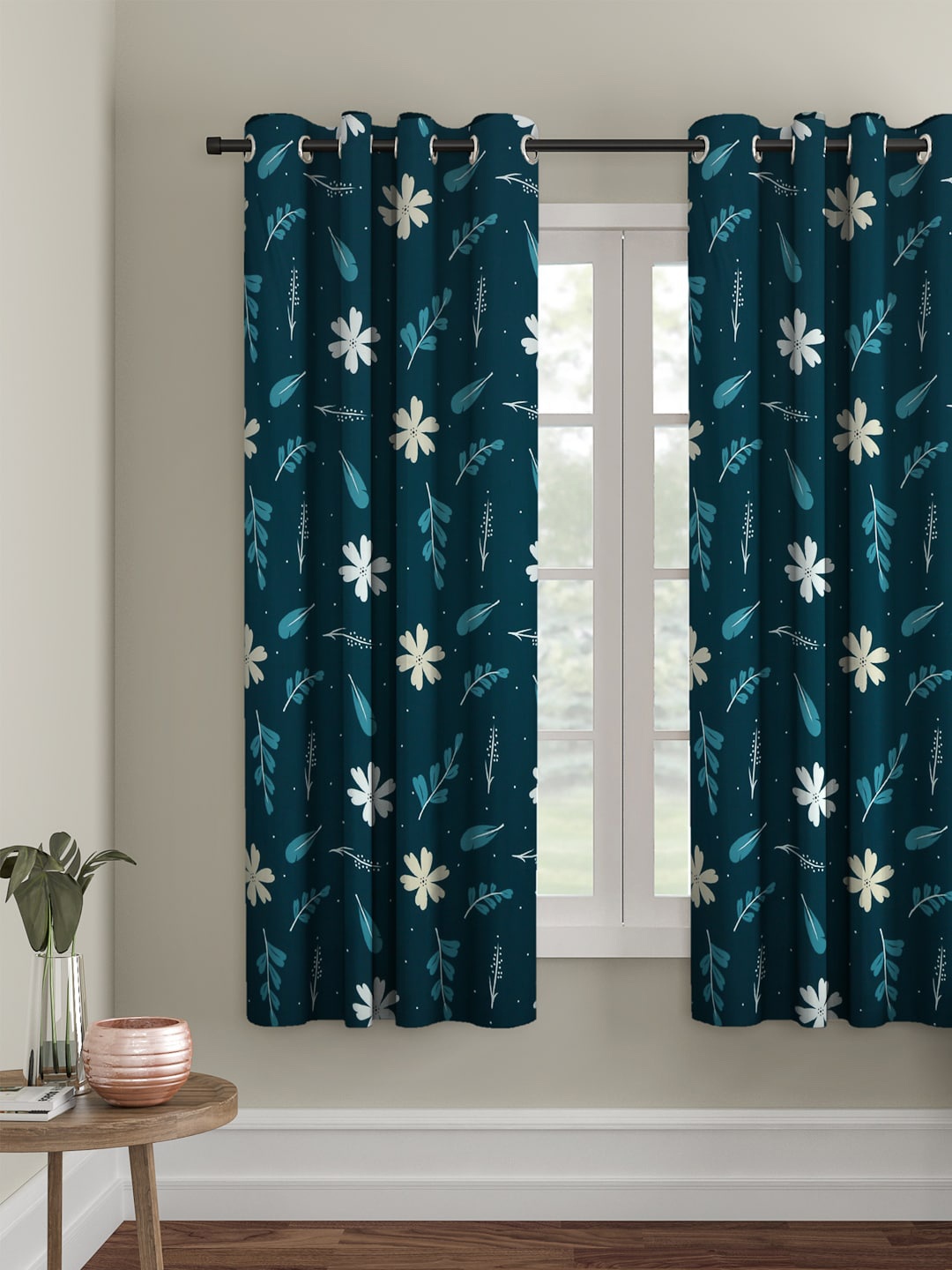 Cortina Teal Green & Off-White Single Printed Window Curtain