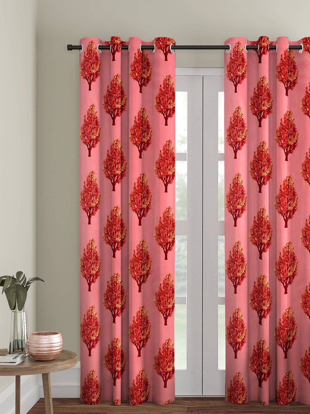 Cortina Single Floral Printed Long Door Curtain, Pink