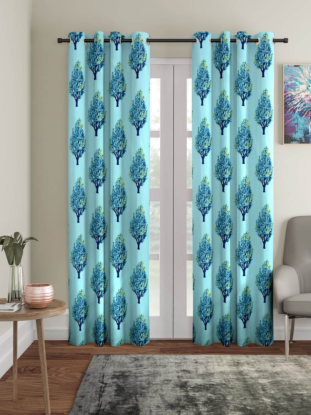 Cortina Turquoise Blue Set of 2 Floral Printed Door Curtains