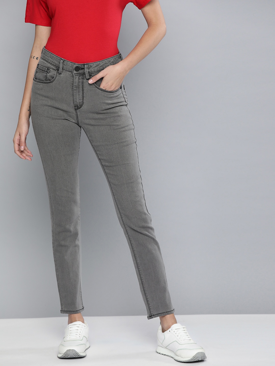 

HERE&NOW Women Grey Skinny Fit High-Rise Clean Look Stretchable Jeans