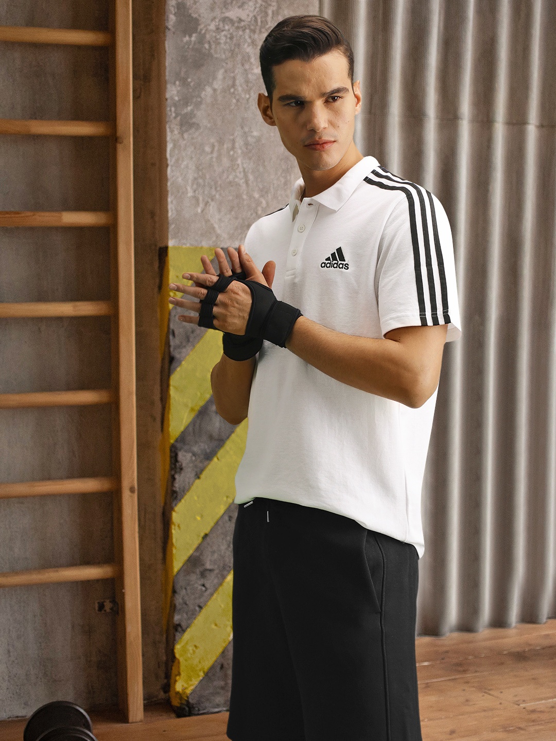 

ADIDAS Men White 3-Stripes Polo Collar Aeroready T-shirt