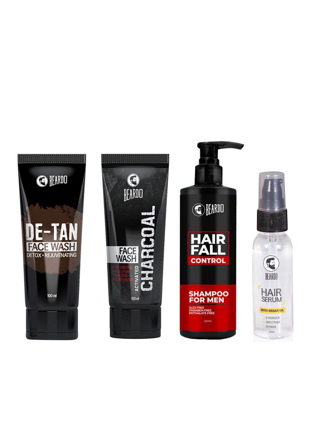 

BEARDO Set of Charcoal Face Wash, De-Tan Face Wash, Hair Serum & Hair Fall Control Shampoo, Black