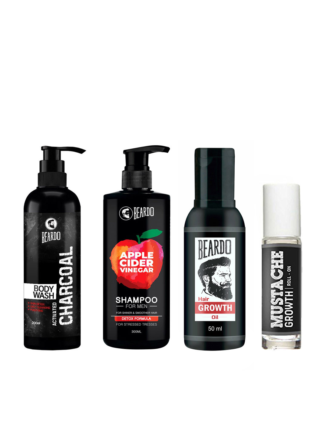 

BEARDO Set of Charcoal Body Wash, ACV Shampoo, Hair Growth Oil & Mustache Growth Oil, Black