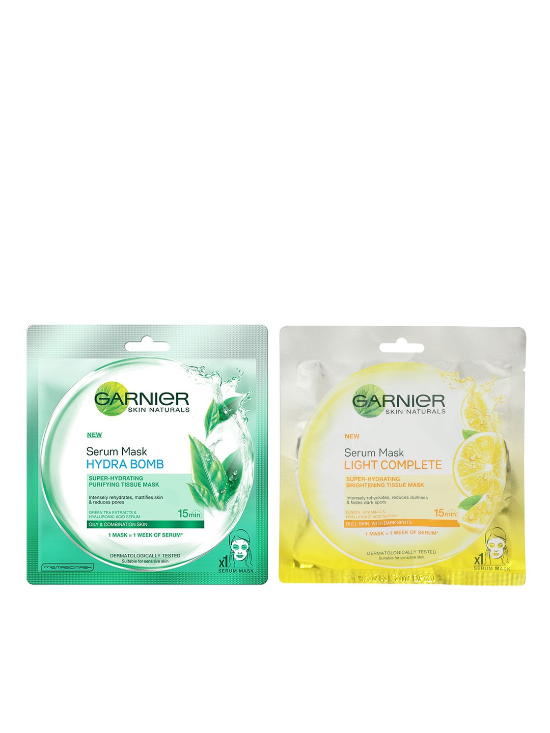 

Garnier Set of Skin Naturals Face Serum Sheet Masks- Light Complete & Hydra Bomb, Yellow