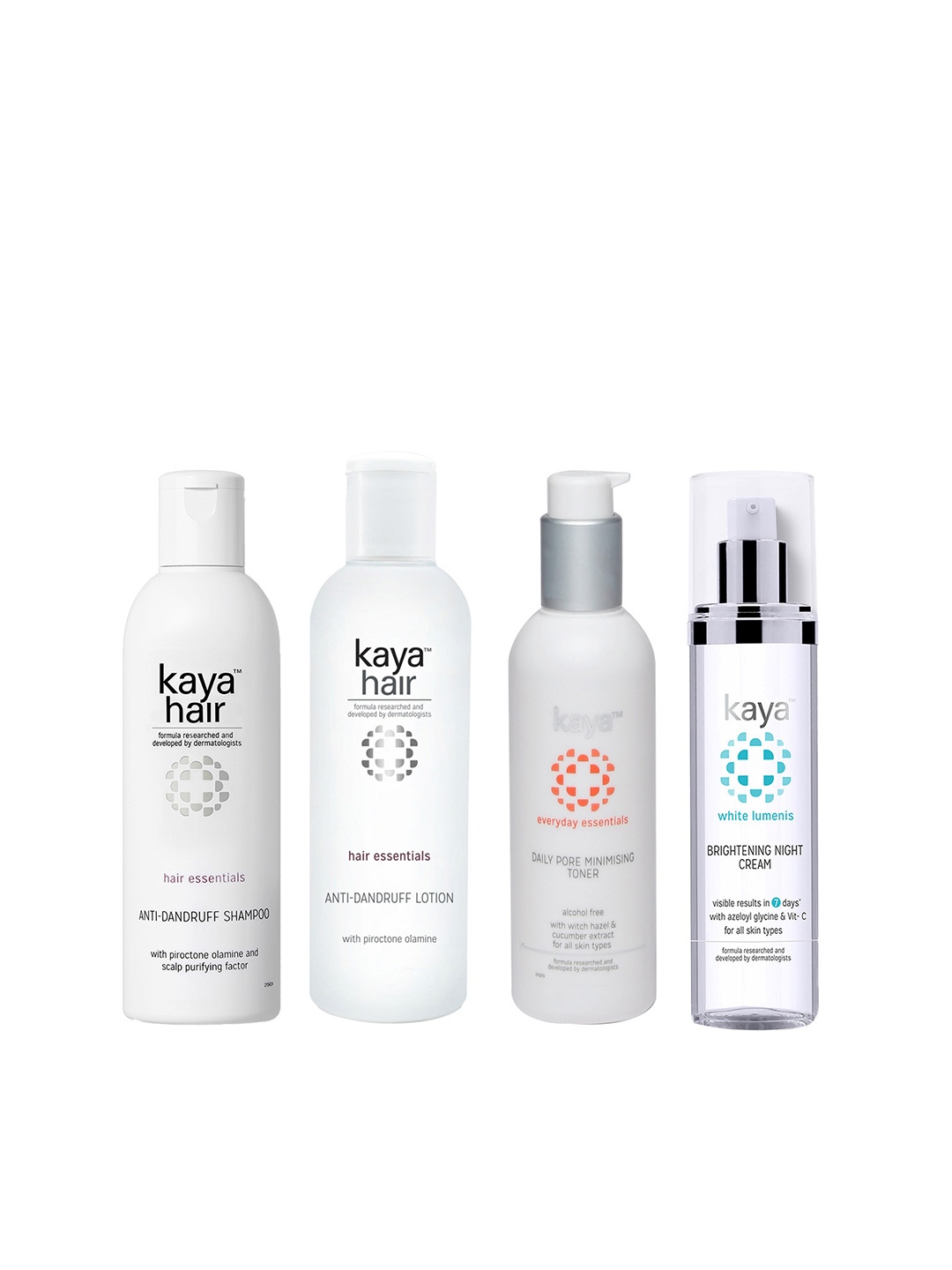 

Kaya Set of Night Cream, Pore Minimising Toner, Shampoo & Anti Dandruff Lotion, White