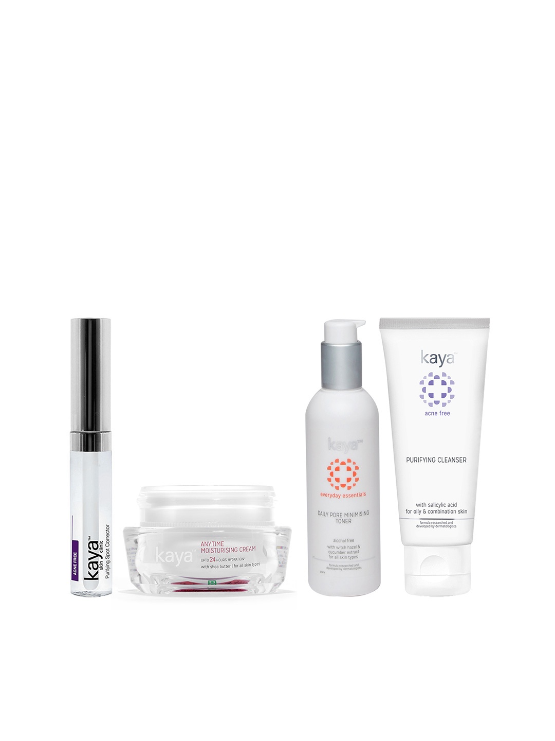

Kaya Set of Spot Corrector, Purifying Cleanser, Moisturising Cream & Toner, Silver