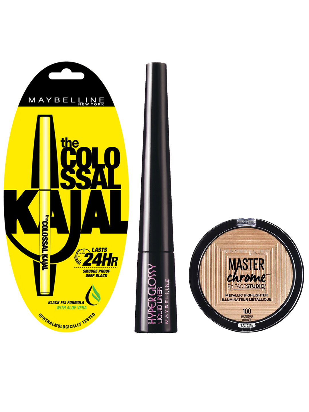 

Maybelline Set of Colossal Kajal, Highlighter & Hyper Glossy Liquid Liner, Black