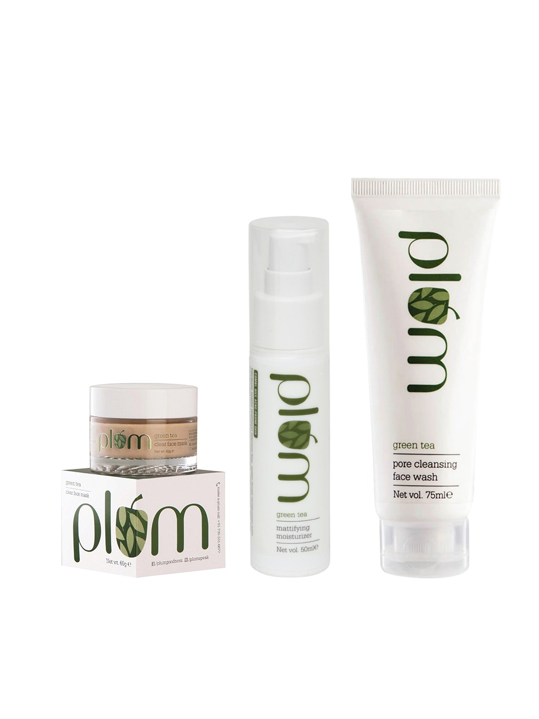 

Plum Plum Green Tea Set of Clear Face Mask, Mattifying Moisturiser & Face Wash