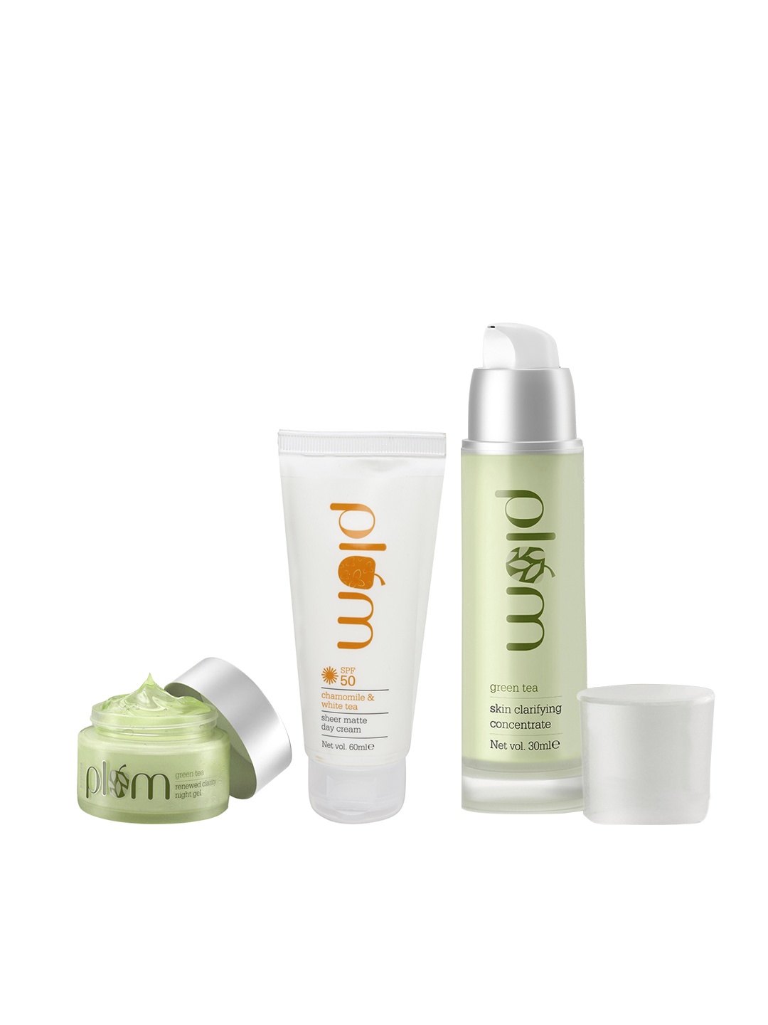 

Plum Set of Matte SPF 50 Day Cream, Clarifying Concentrate & Clarity Night Gel, Green