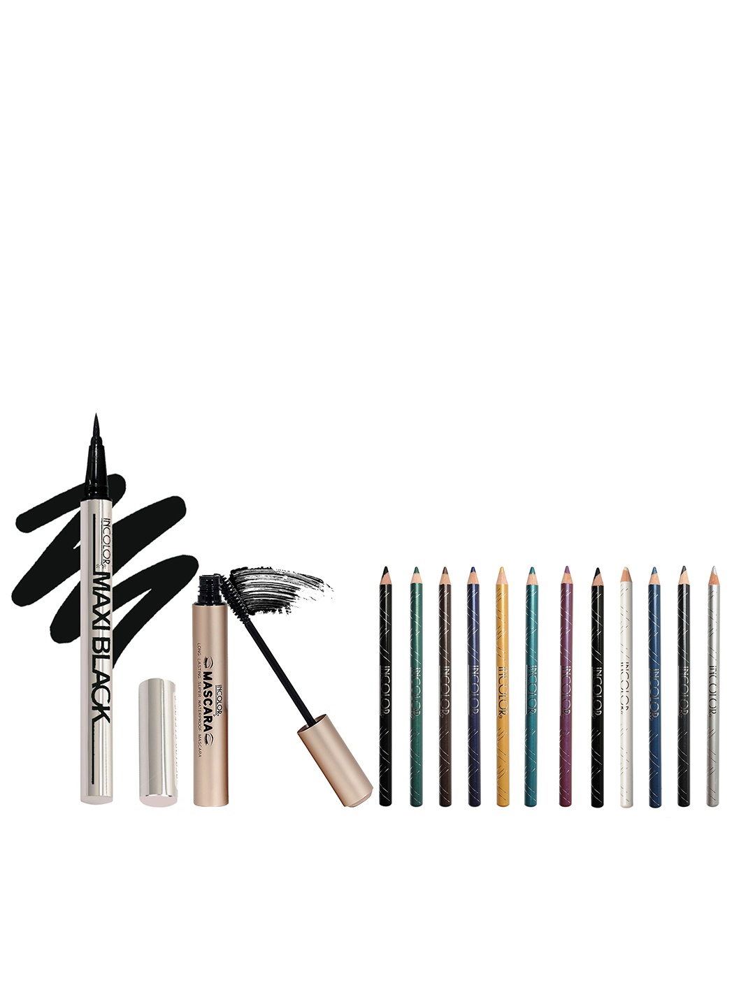 

INCOLOR Set of MaxiBlack Pen Eyeliner, Mascara & 12 Intense Long-wear Eye Pencils, Multi