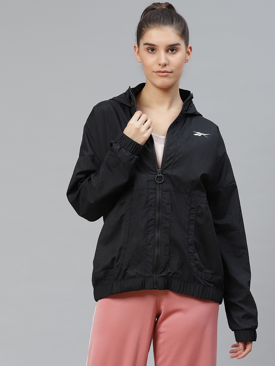 

Reebok Women Black MYT Woven Solid Oversized Hooded Training Jacket