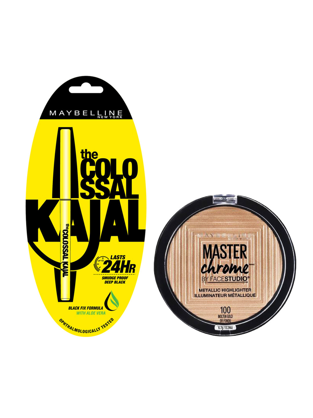 

Maybelline Set of Colossal Kajal & Master Chrome by FaceStudio Metallic Highlighter, Gold