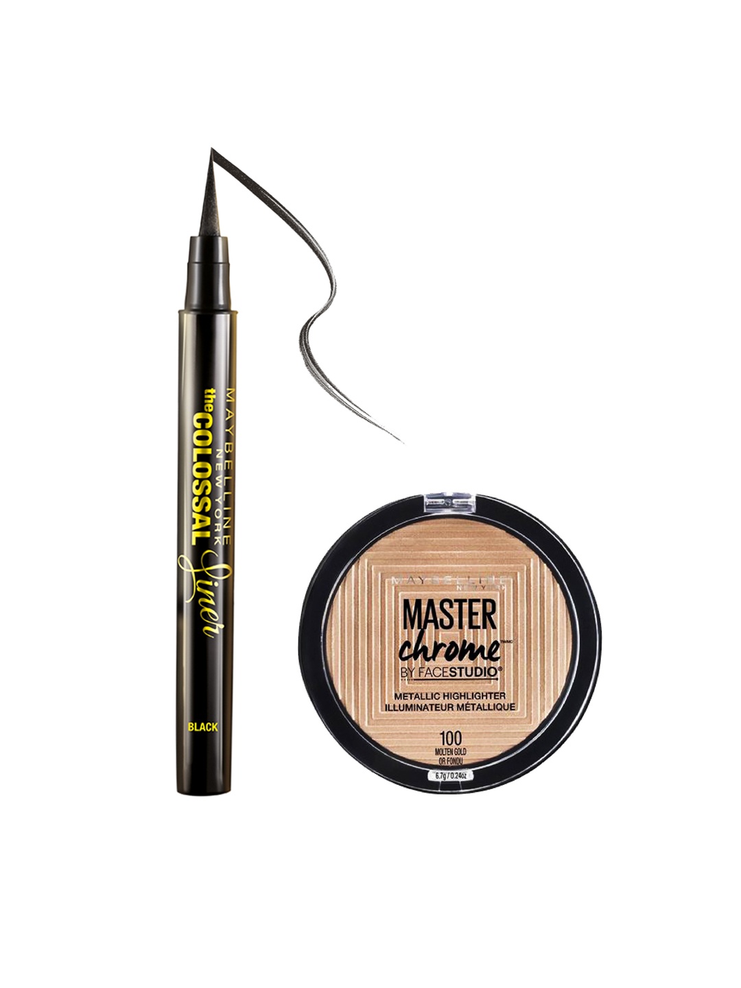 

Maybelline Set of The Colossal Eye Liner & Master Chrome FaceStudio Metallic Highlighter, Gold