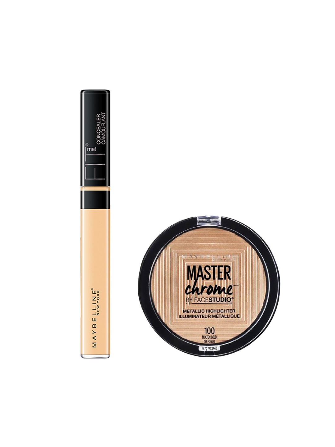 

Maybelline Set of Fit Me Concealer & Master Chrome by FaceStudio Metallic Highlighter, Gold