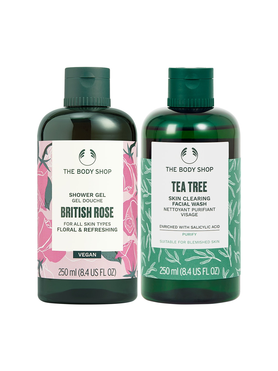 

THE BODY SHOP Set Of Tea Tree Skin Clearing Face Wash & British Rose Shower Gel, Green