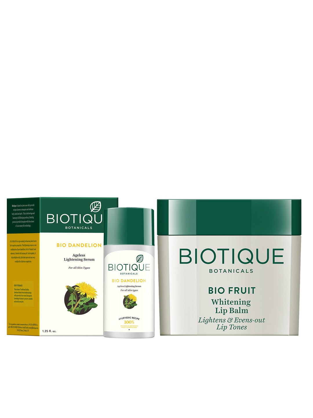 

Biotique Unisex Sustainable Set Of Dandelion Ageless Serum & Bio Fruit Whitening Lip Balm, White