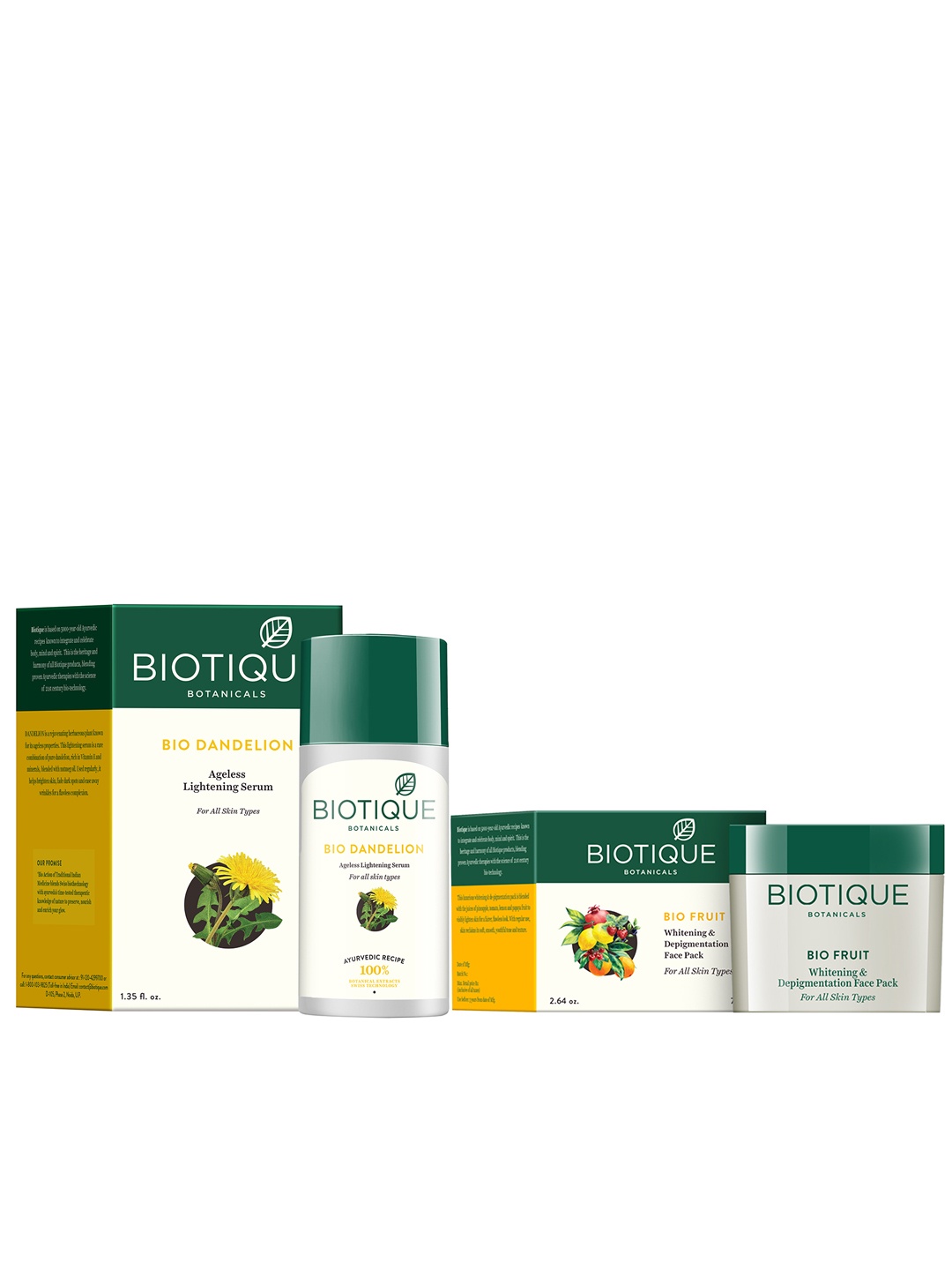 

Biotique Unisex Sustainable Set Of Dandelion Ageless Serum & Depigmentation Face Pack, White