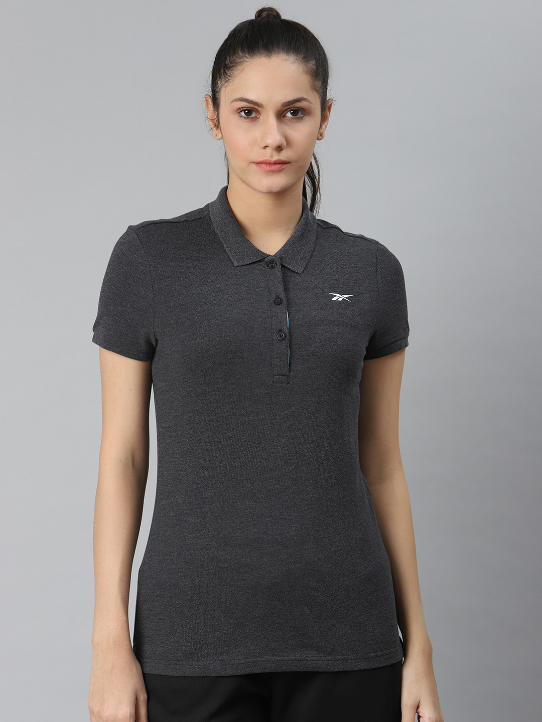 

Reebok Women Charcoal Grey Foundation Solid Polo Collar Training T-shirt