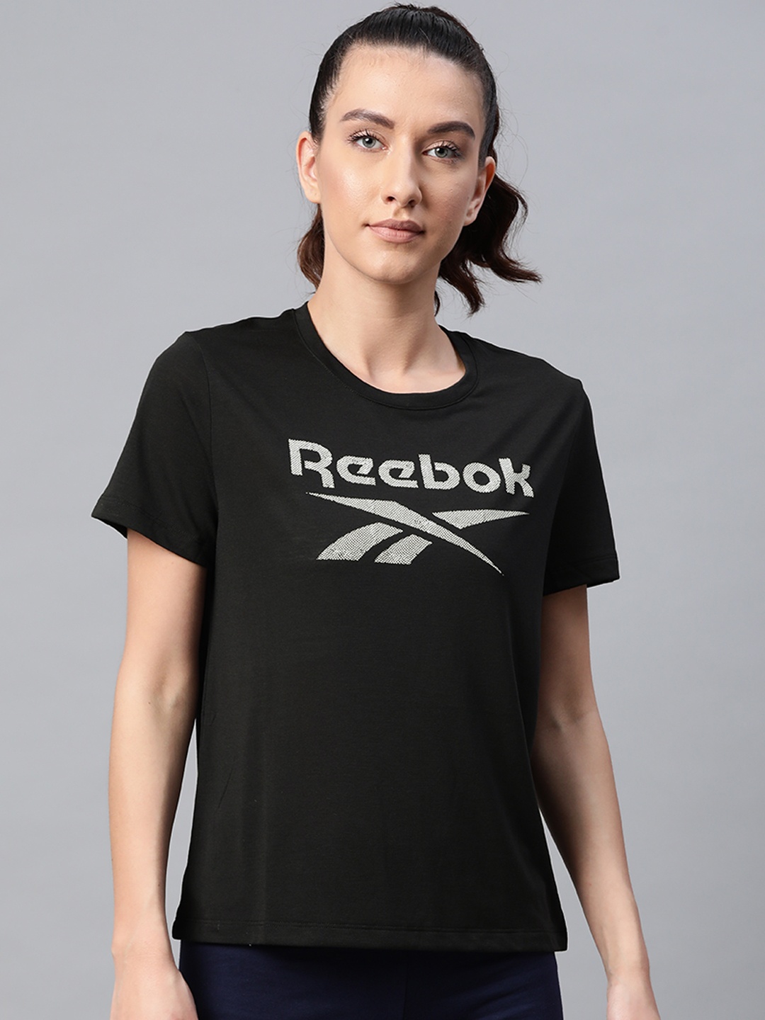 

Reebok Women Black Slim Fit Workout Ready Supremium Big Logo T-Shirt