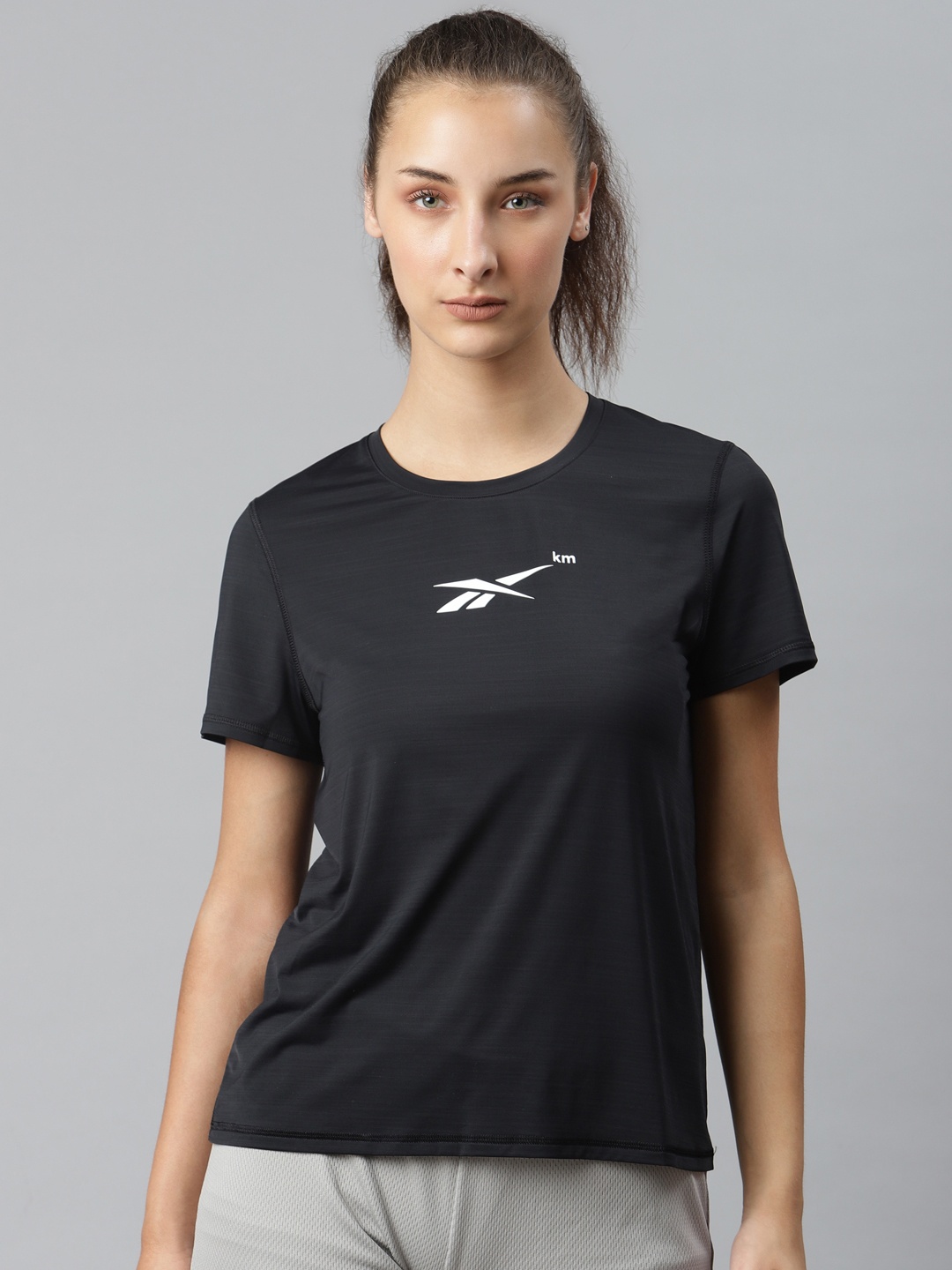 

Reebok Women Black Techstyle Running Activchill Solid Round Neck T-shirt