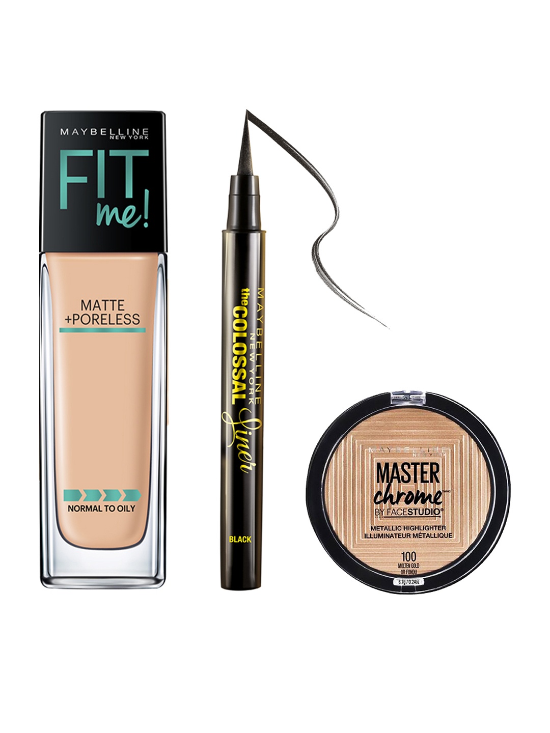

Maybelline New York Set of Foundation & Metallic Highlighter & The Colossal Liner, Gold