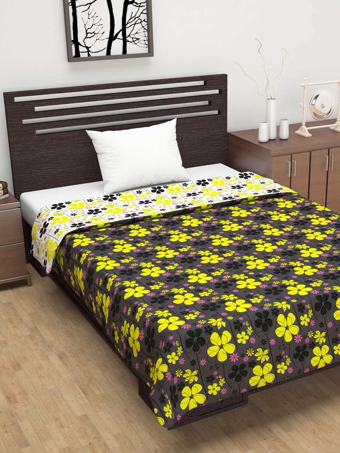 

Divine Casa Grey & Yellow Floral AC Room 110 GSM Single Bed Dohar