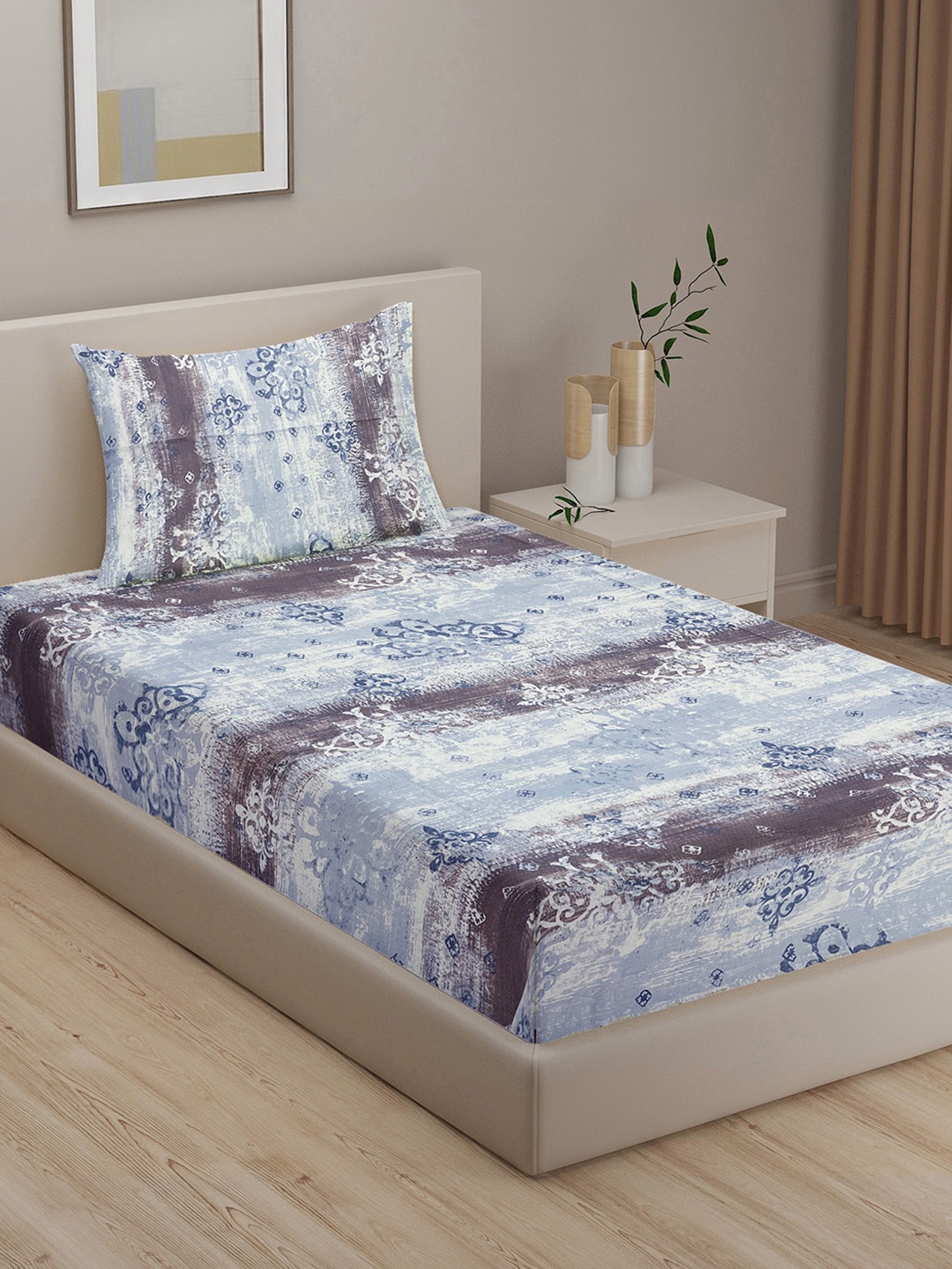 

SWAYAM Blue Veda Ethnic Motif 160 TC Cotton Single Bedsheet & 1 Pillow Cover