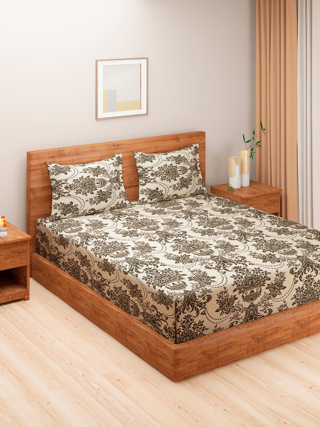 

Swayam Sparkle Brown 144 TC Cotton King Fitted Bedsheet With 2 Pillow Covers, White