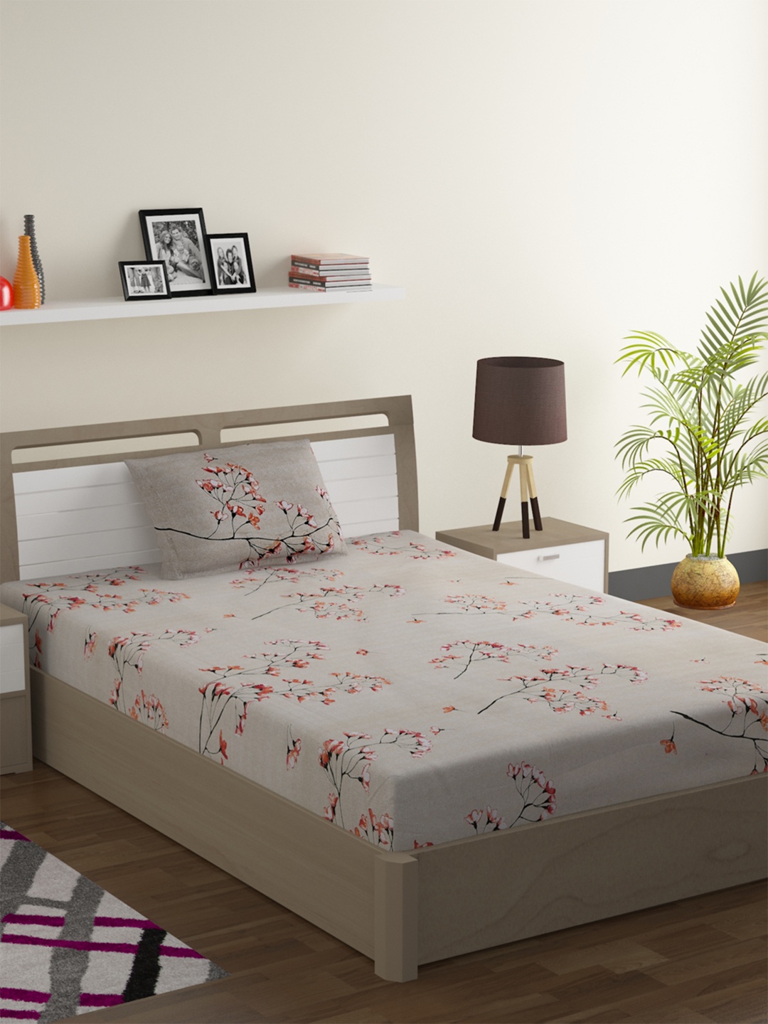 

SWAYAM Beige & Orange Floral 200 TC Cotton 1 Single Bedsheet with 1 Pillow Covers