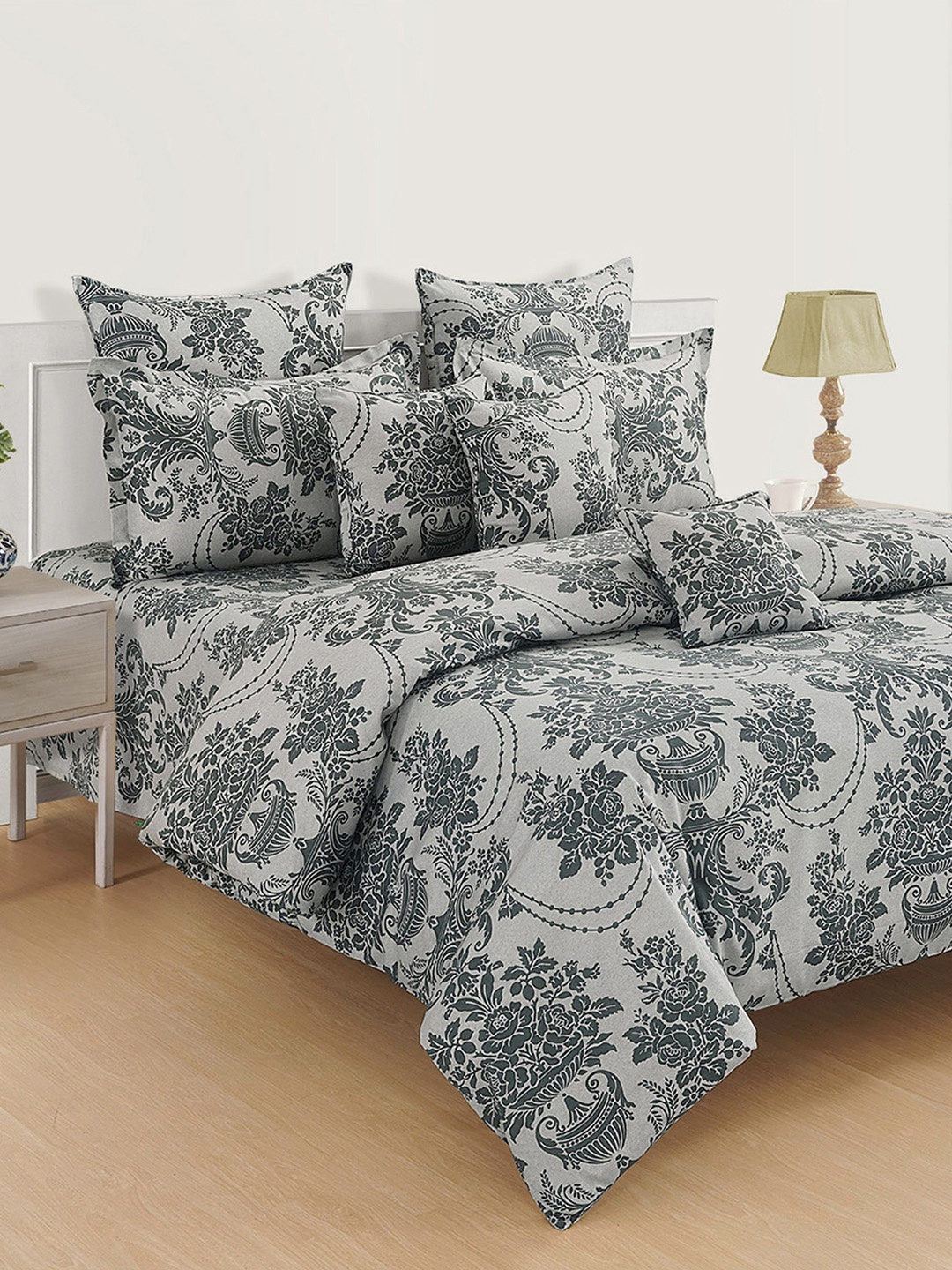 

SWAYAM Grey Ethnic Motif 144 TC Double Bedsheet Set